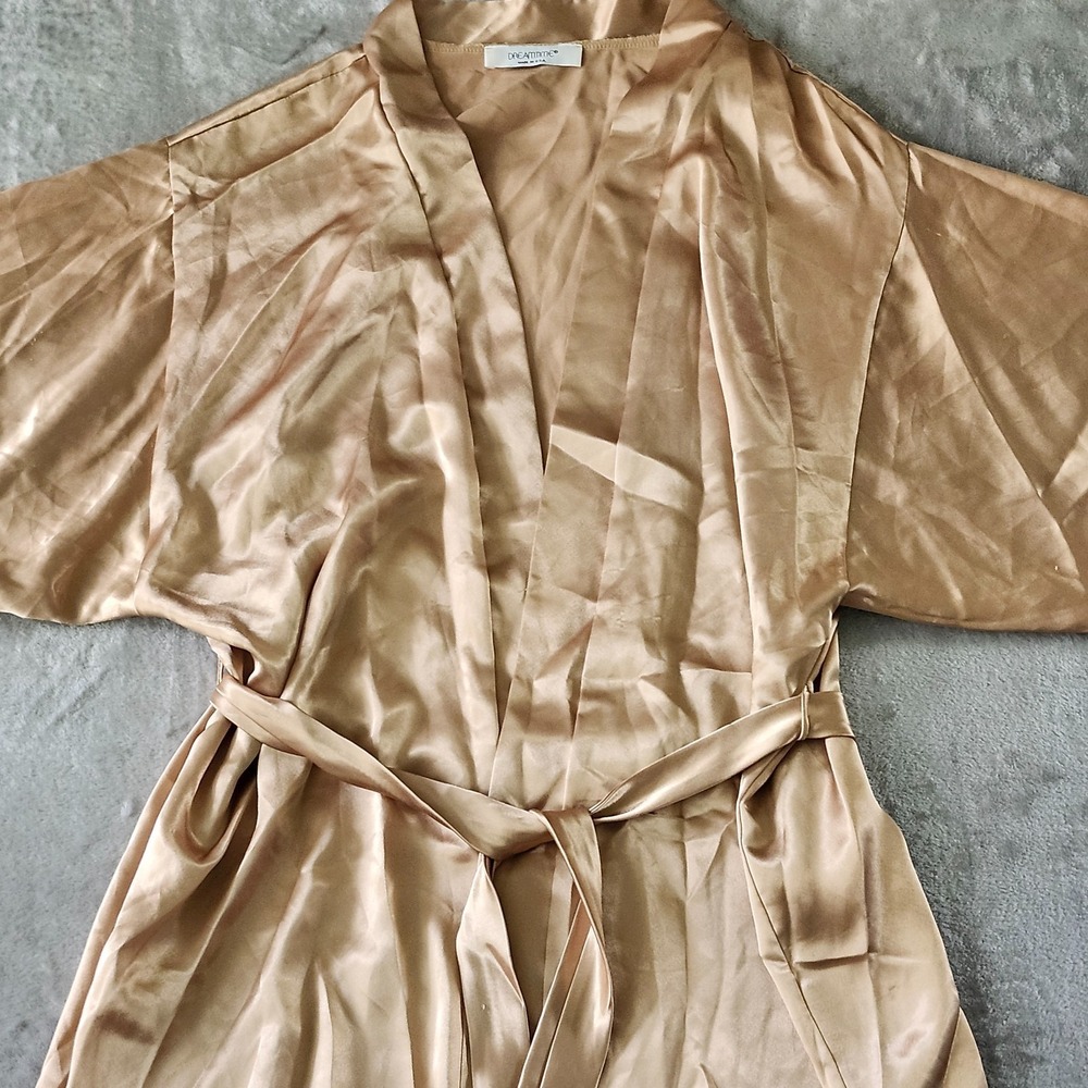 VTG Made In USA Dreamtime Gold And Black Lace Robe w/ Belt Size M Goddess - Picture 2 of 15